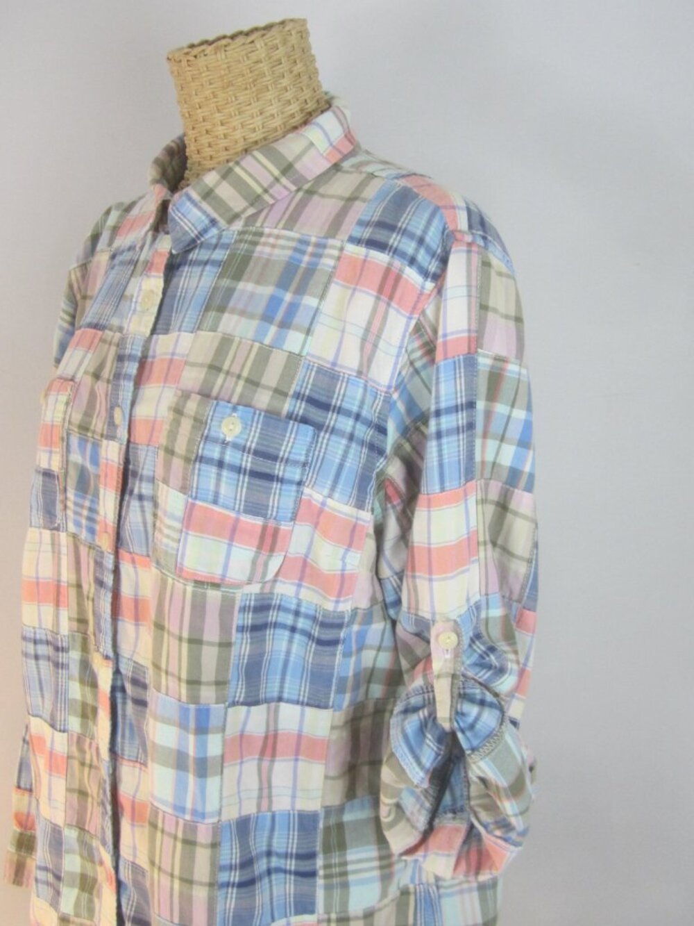L.L. Bean Shirt Womens L Madras Patchwork Plaid Preppy Coastal Beach LS Shirt - Picture 5 of 13